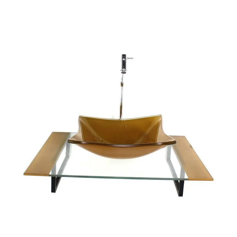 Kit Cuba Vidro Quadrada Tampo 60cm Dourado Real E Suporte