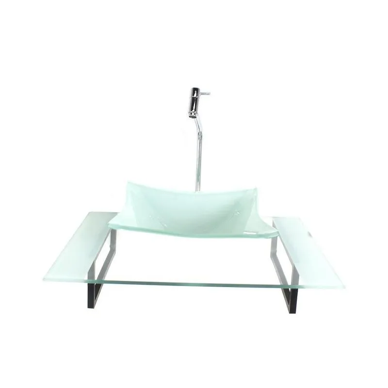 Kit Cuba Vidro Quadrada Tampo 60cm Branco E Suporte Torneira