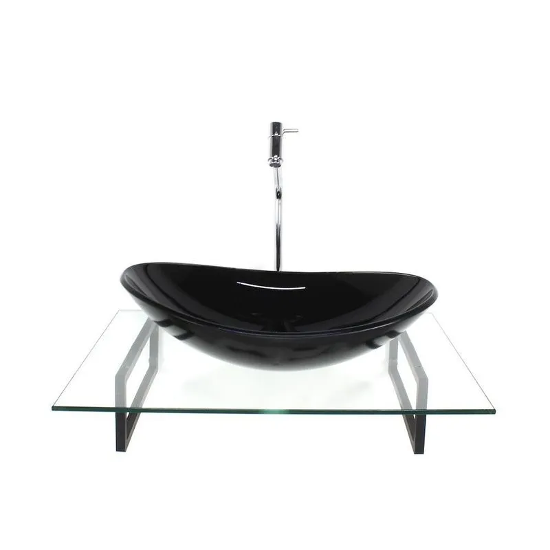 Kit Cuba Vidro Oval Preta Tampo 60cm Incolor E Suporte