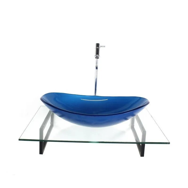 Kit Cuba Vidro Oval Azul Escuro Tampo 60cm Incolor E Suporte