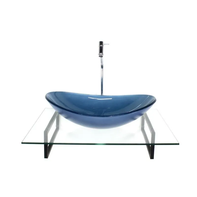 Kit Cuba Vidro Oval Azul Tampo 60cm Incolor E Suporte