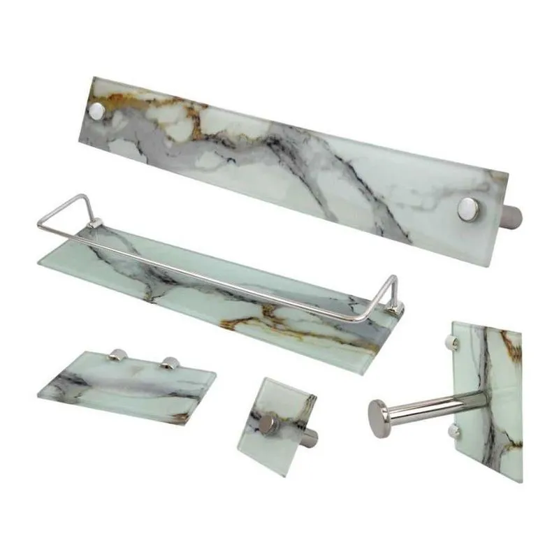 Kit Banheiro Suporte Organizador Vidro Calacata Branco Completo com Acessórios VMEX
