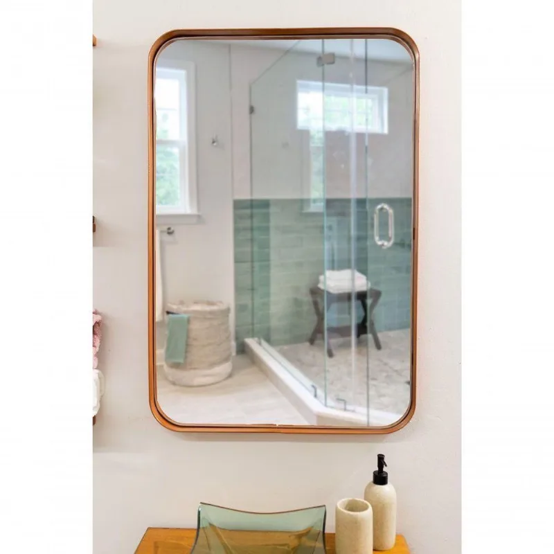 Espelho Luxo Retangular Retrô 90X60Cm Banheiro Sala Quarto Hall Moldura Rose Gold