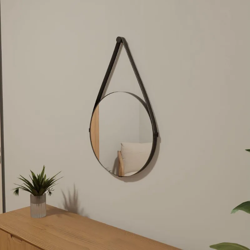 Espelho Redondo Adnet 30cm Moldura Couro Preto Banheiro Quarto Sala Hall