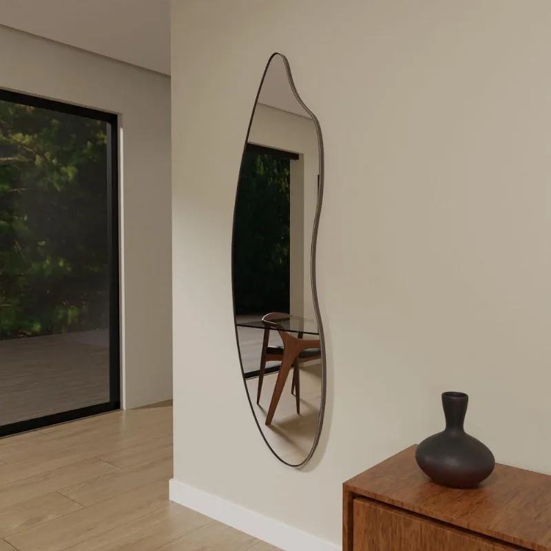 Espelho Orgânico 115cm X 40cm E22 Moldura Couro Preto Luxo Quarto