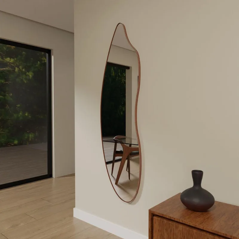 Espelho Orgânico 115cm X 40cm E22 Moldura Couro Caramelo Luxo Quarto