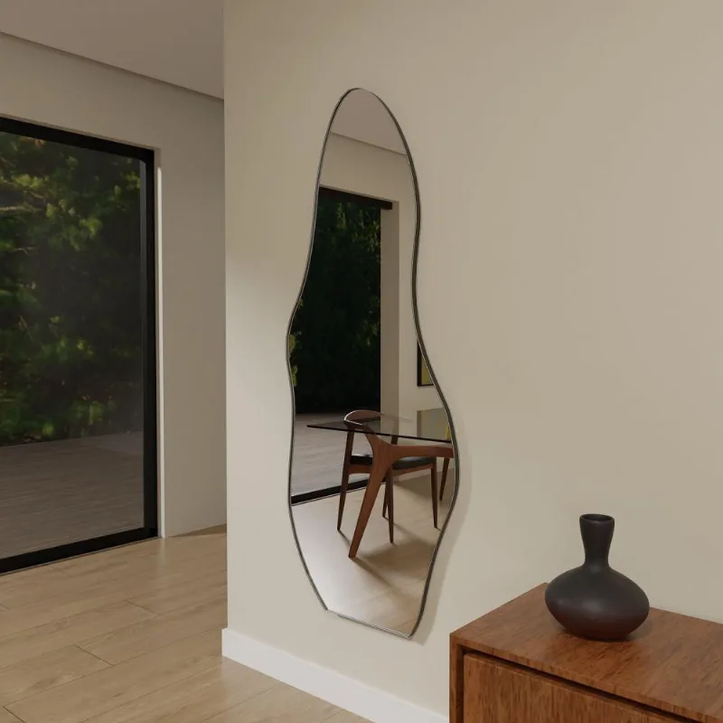 Espelho Orgânico 115cm X 60cm E15 Moldura Couro Preto Luxo Quarto