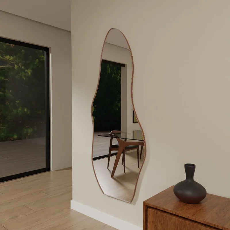 Espelho Orgânico 115cm X 60cm E15 Moldura Couro Caramelo Luxo Quarto