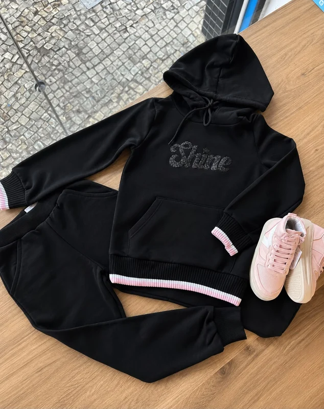 CONJUNTO BLUSÃO MANGA LONGA SHINE CAPUZ E E CALÇA MENINA ANGERO Preto / 14