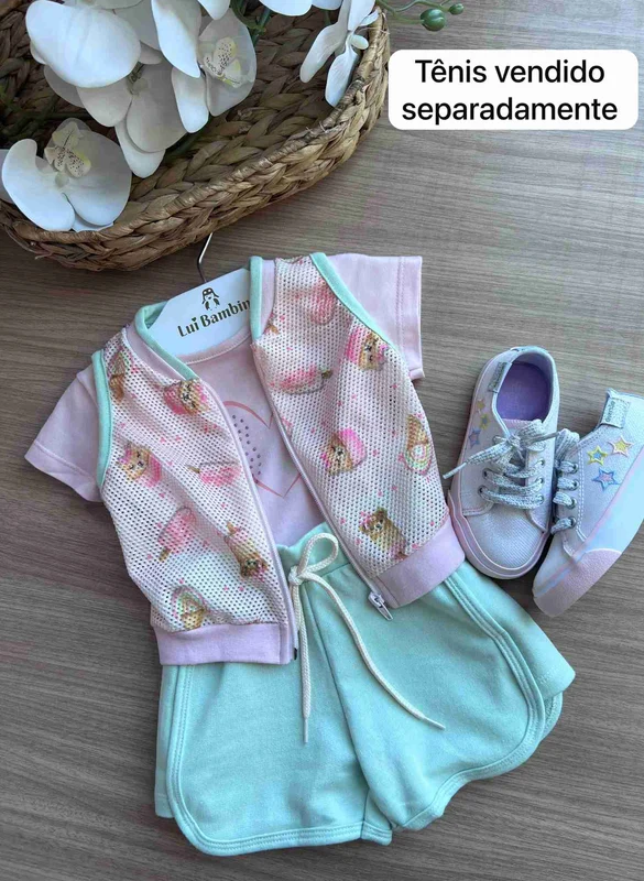 CONJUNTO COLETE FUROS URSO SORVETE ZIPER BLUSA MANGA CURTA STRASS CORAÇÃO E SHORT MENINA ANGERO BEGE/VERDE / 4