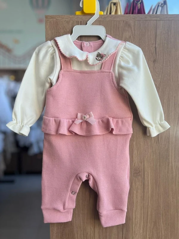MACACÃO MACAQUINHO MANGA LONGA URSO BORDADO E LAÇO MENINA ANGERÔ ROSA / 6-9M