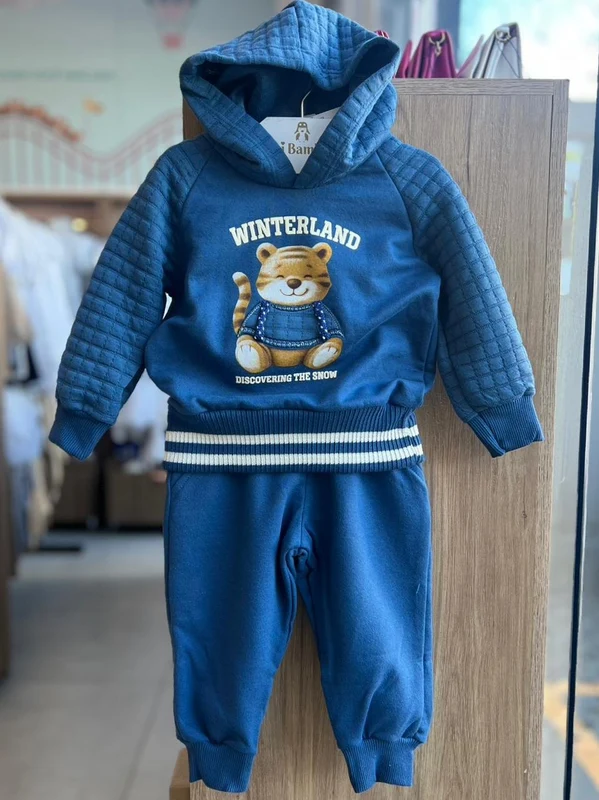 CONJUNTO MOLETOM BLUSÃO MANGA LONGA WINTERLAND TIGRE CAPUZ E CALÇA MENINO ANGERÔ AZUL / 9-12M