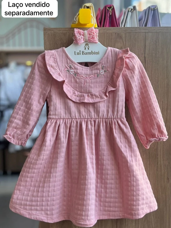 VESTIDO MANGA LONGA BORDADO FLOR LAÇO BABADO MENINA ANGERÔ ROSA / 6-9M