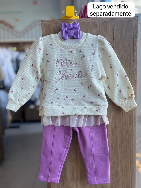 CONJUNTO MOLTOM BLUSÃO MANGA LONGA FLORESS BABADO MA CHERIE E CALÇA MENINA ANGERÔ OFF/LILÁS / 1