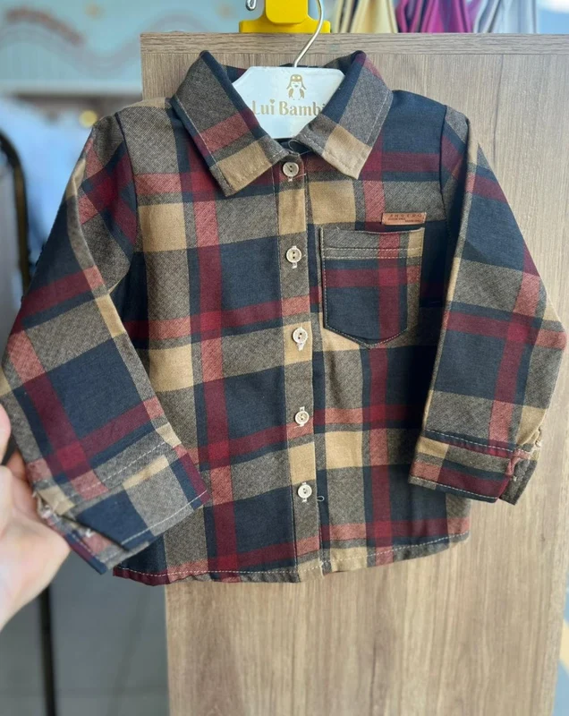CAMISA MANGA LONGA XADREZ BOTÕES BOLSO FESTA JUNINA MENINO ANGERÔ MARROM / 12