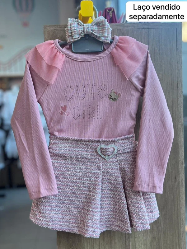 CONJUNTO BLUSA MANGA LONGA BORDADO STRASS CUTE GIRL E SAIA MENINA ANGERÔ Rosa / 6