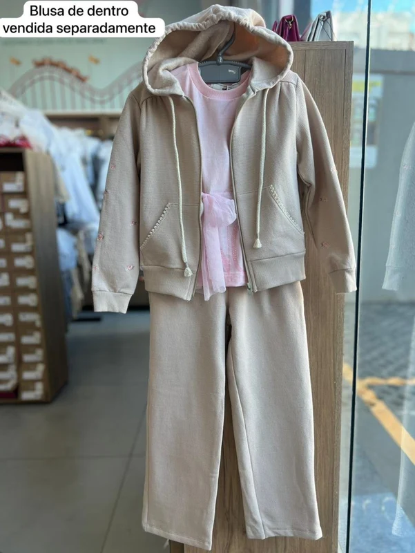 CONJUNTO MOLETOM JAQUETA MANGA LONGA ZÍPER CAPUZ BOLSO E CALÇA MENINA ANGERÔ Bege / 4