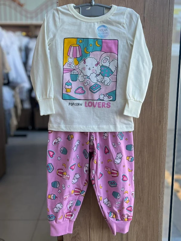 CONJUNTO PIJAMA BLUSA MANGA LONGA POP CORN LOVERS E CALÇA MENINA ANGERÔ OFF/ROSA / 6