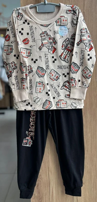 CONJUNTO PIJAMA CAMISETA MANGA LONGA ROBO E CALÇA MENINO ANGERÔ BEGE/PRETO / 3