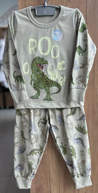CONJUNTO PIJAMA CAMISETA MANGA LONGA DINO DINOSSAURO E CALÇA MENINO ANGERÔ Cinza / 10