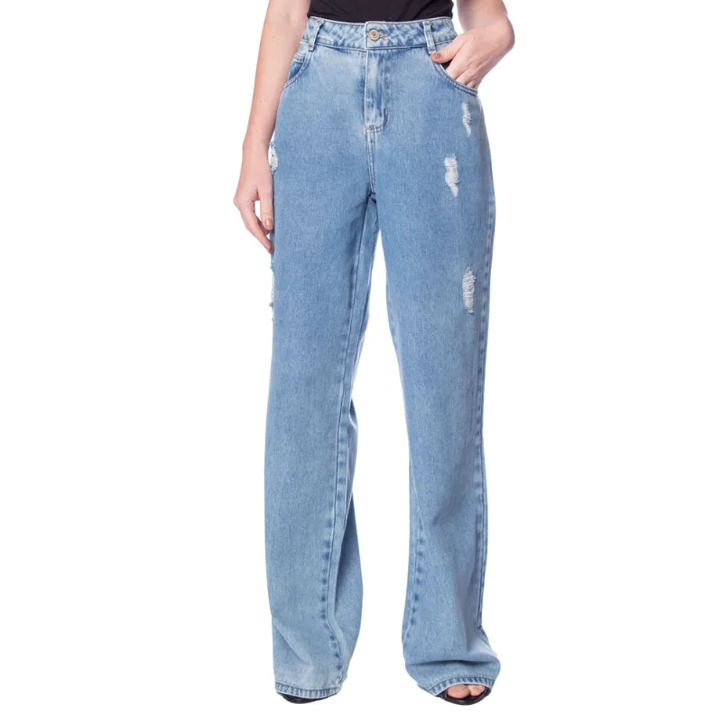 Calça Jeans Feminina Sawary Wide Leg Rasgados Azul - 42