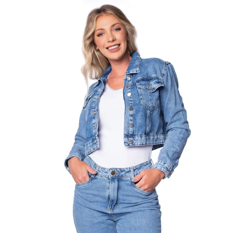 Jaqueta Jeans Feminina Sawary Curta Azul - 38