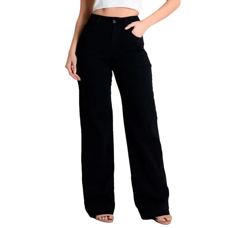 Calça Jeans Feminina Sawary Sarja Wide Leg Preto - 44