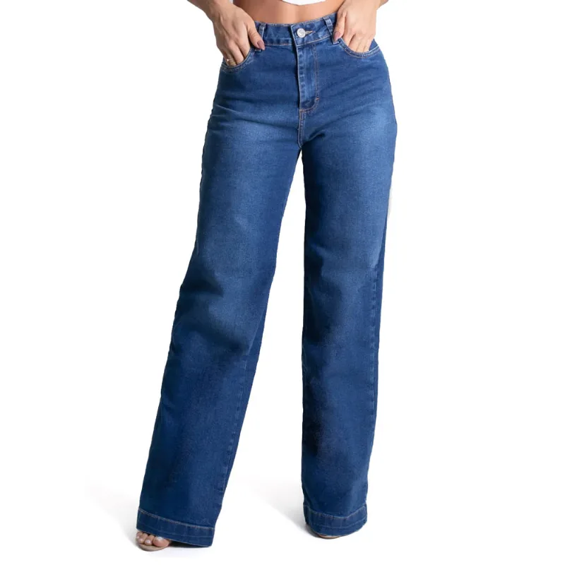 Calça Jeans Feminina Sawary Wide Leg Azul - 42