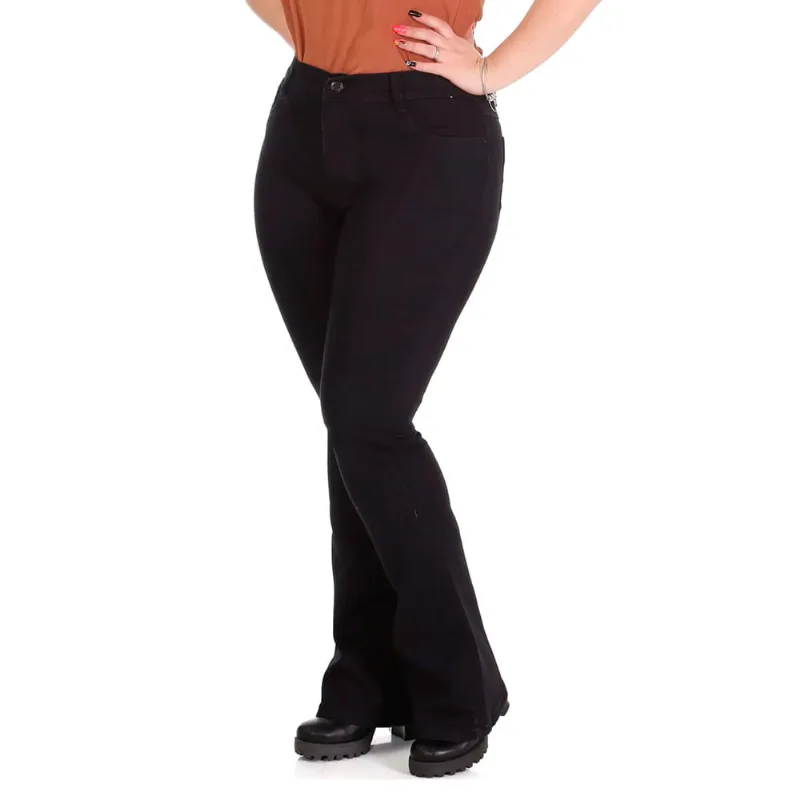 Calça Feminina Sawary Plus Size Flare Boot Cut Preto - 52
