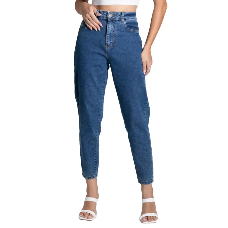 Calça Jeans Feminina Sawary Mom Bolsos Azul - 42