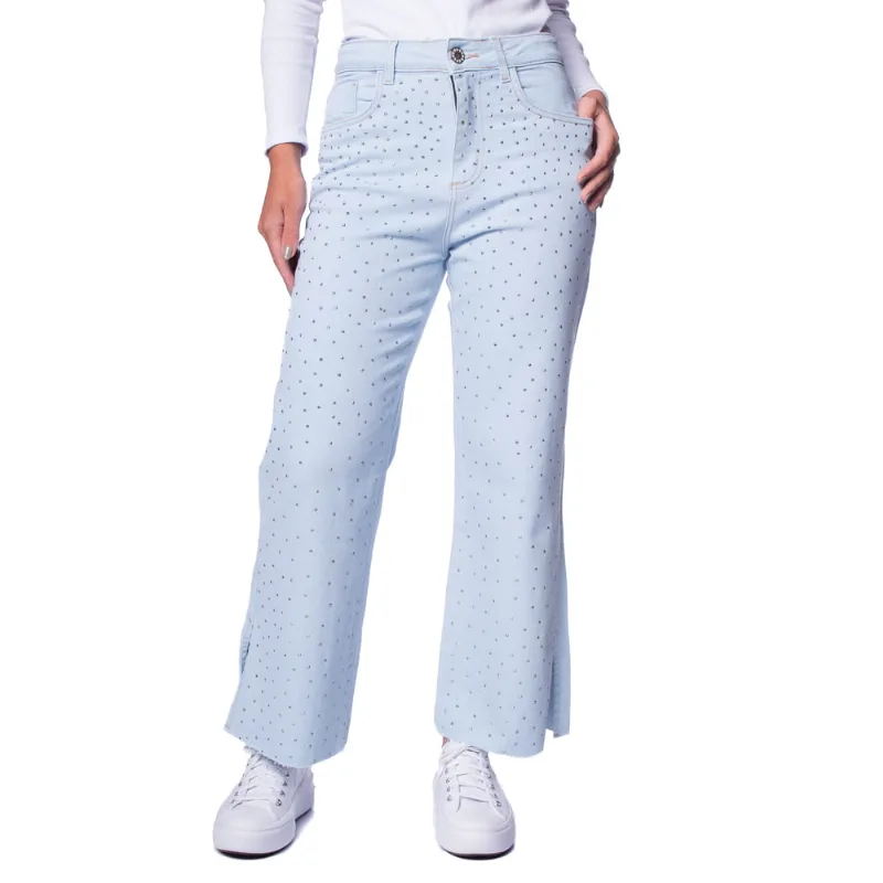 Calça Jeans Feminina Sawary Wide Leg Cropped com Brilhos Azul Claro - 42
