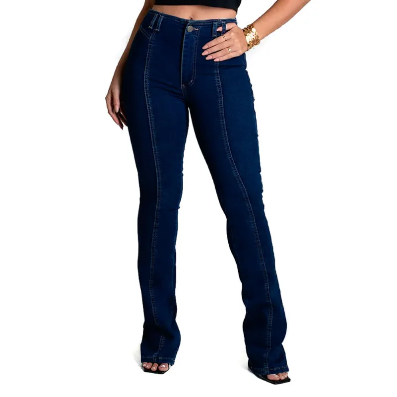Calça Jeans Feminina Sawary Flare Boot Cut Azul Escuro - 46