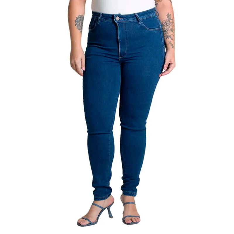 Calça Jeans Feminina Sawary Plus Size Cigarrete Azul Escuro - 50