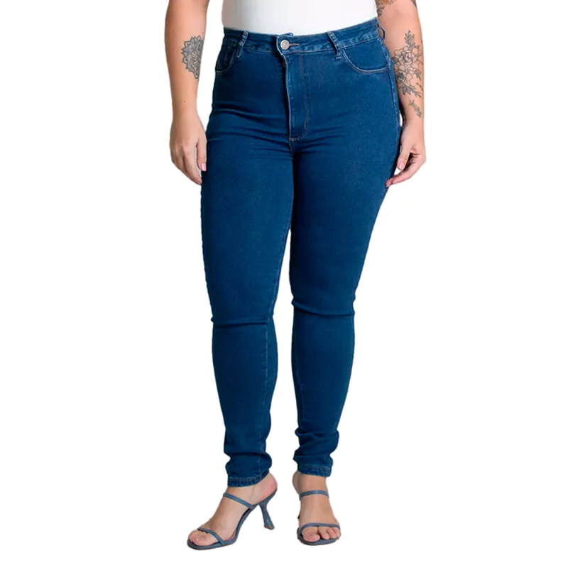 Calça Jeans Feminina Sawary Plus Size Cigarrete Azul Escuro - 52
