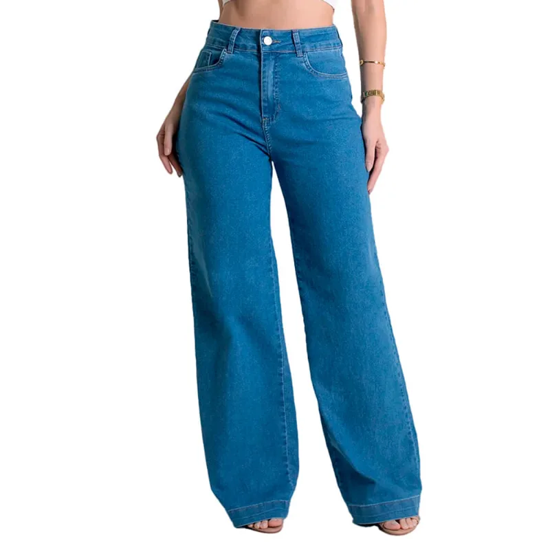 Calça Jeans Feminina Sawary Wide Leg Cintura Alta Azul Claro - 38
