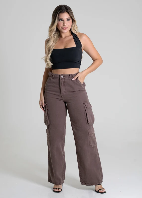 Calça Sarja Sawary Wide Leg Cargo - 279950 MARROM MARROM / 36
