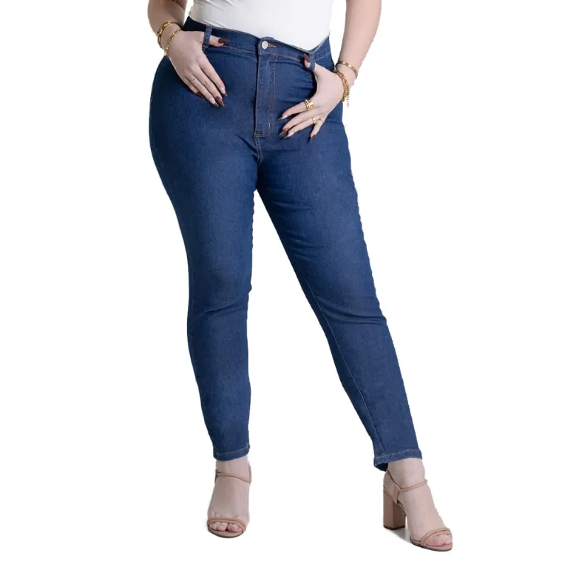 Calça Jeans Feminina Sawary Plus Size Reta Azul Escuro - 52