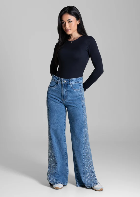 Calça Jeans Sawary Wide Leg Petit Brilho - 279895 AZUL AZUL / 48