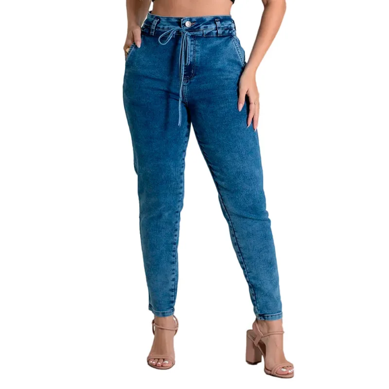Calça Jeans Feminina Sawary Mom Cintura Alta Azul - 38