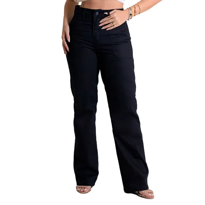 Calça Jeans Feminina Sawary Reta Cintura Alta Preto - 44