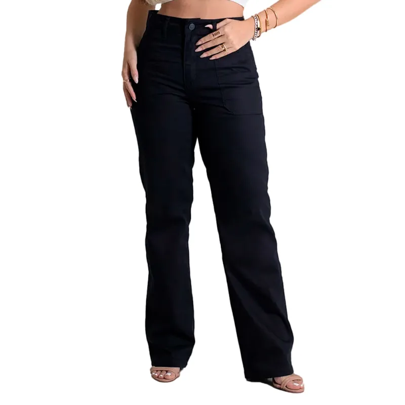 Calça Jeans Feminina Sawary Reta Cintura Alta Preto - 46