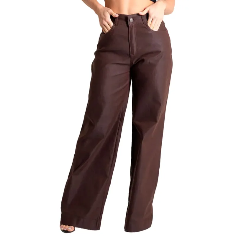 Calça Feminina Sawary Wide Leg Sarja Marrom - 40