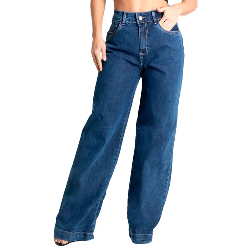Calça Jeans Feminina Sawary Wide Leg Azul - 38
