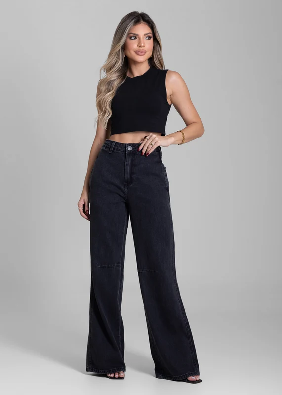 Calça Jeans Sawary Wide Leg - 281501 PRETO PRETO / 40