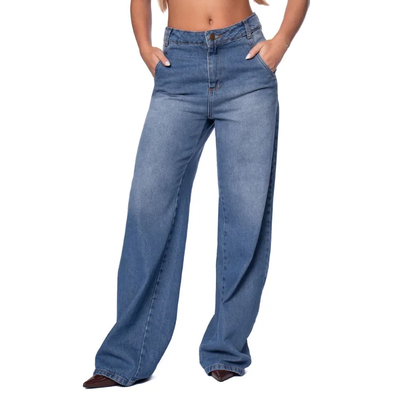 Calça Jeans Feminina Sawary Wide Leg Azul - 40