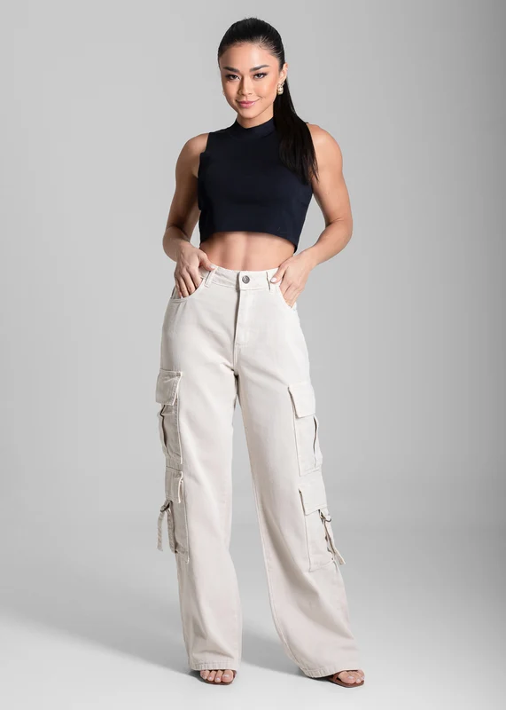 Calça Sarja Sawary Wide Leg Cargo - 280482 BEGE BEGE / 36