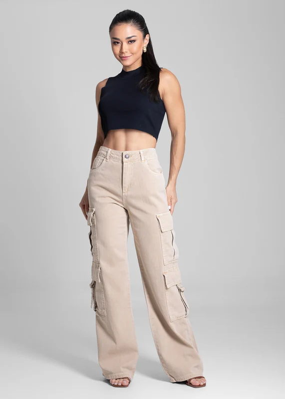 Calça Sarja Sawary Wide Leg Cargo - 282160 BEGE BEGE / 46