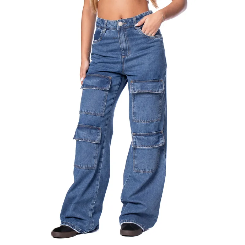 Calça Jeans Feminina Sawary Wide Leg Cargo Duplo Azul - 44