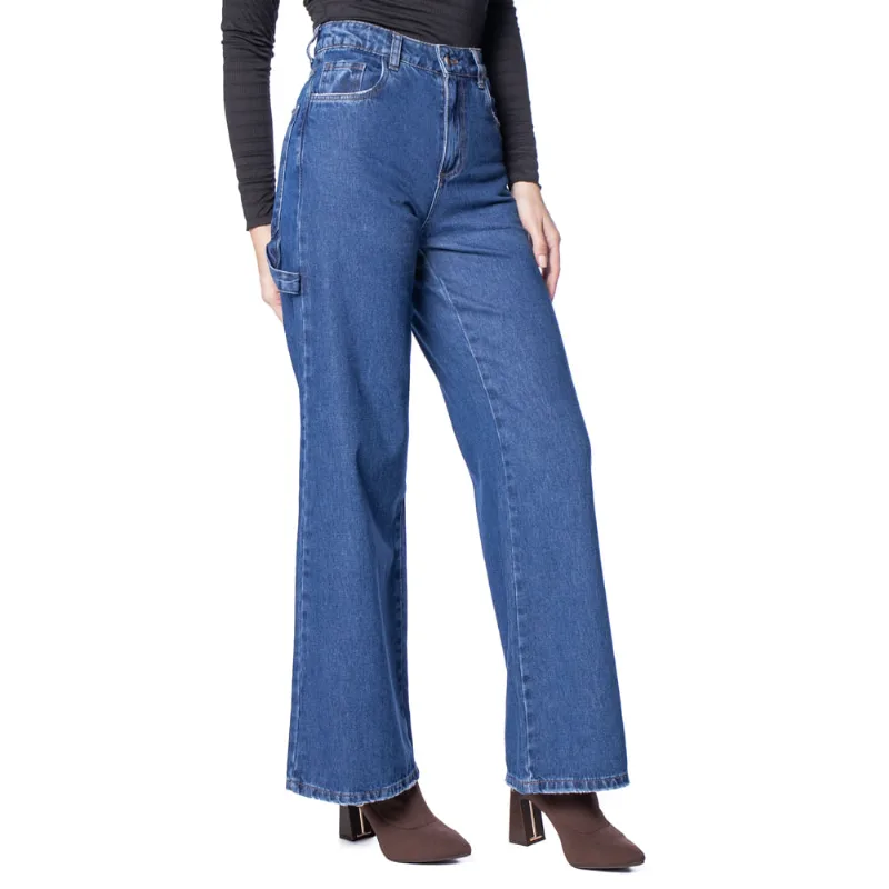 Calça Jeans Feminina Sawary Wide Leg Puídos Azul Escuro - 38