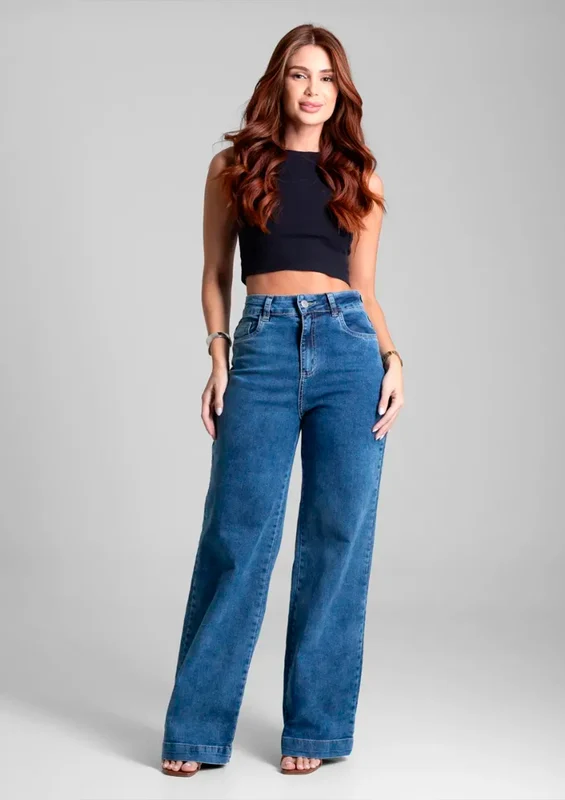 Calça Wide Leg Jeans Sawary Feminino - Azul 38